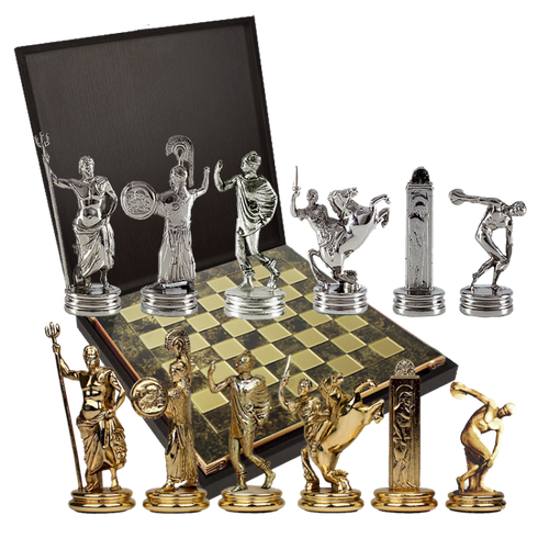 Шахматный набор "Олимпийские Игры" (коричн. мет. доска 36х36 см, дер. короб, фигуры золото/серебро) (Manopulos MP-S-7-36-BRO)