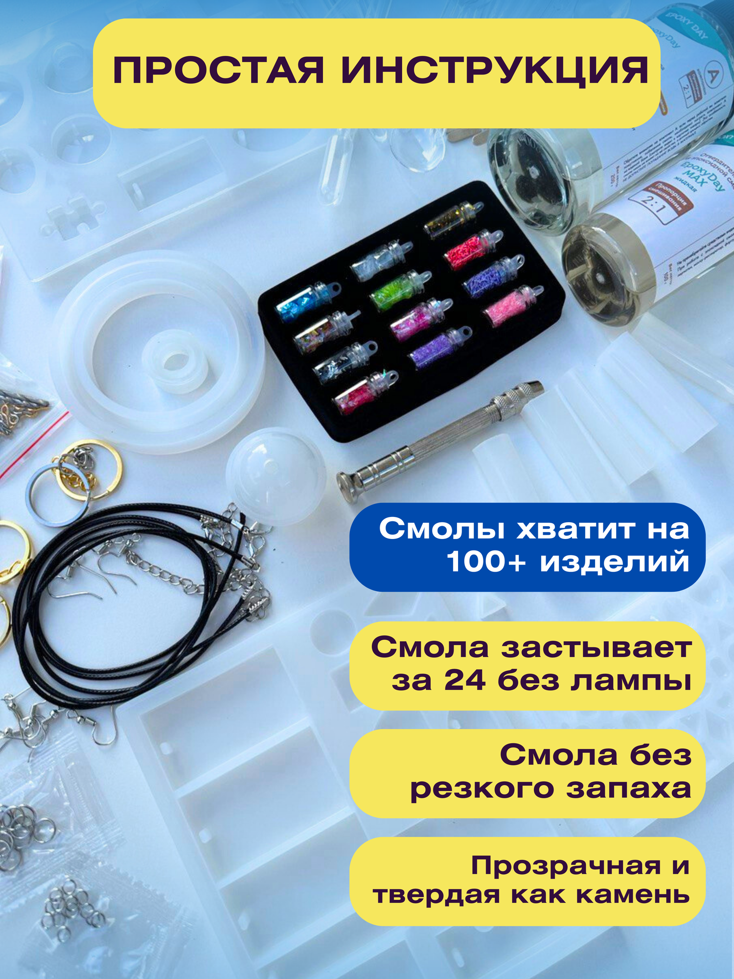 Эпоксидная смола набор для творчества EpoxyDay с силиконовым молдом бутылочками с блестками — фото 1