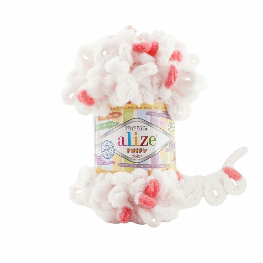 Пряжа Alize Puffy color белый-розовый-коралл (6490), 100%микрополиэстер, 9м, 100г, 5шт