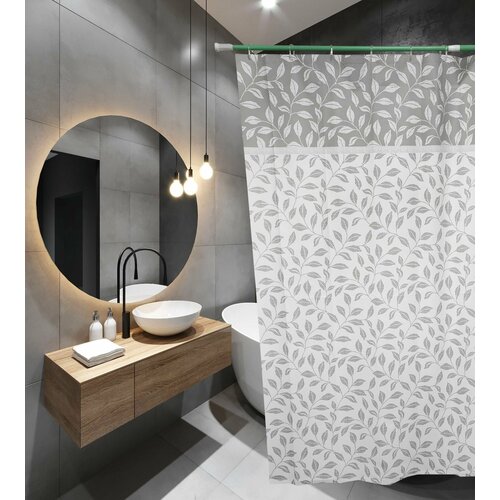 Штора для ванной комнаты 180х180 PEVA 60699 с кольцами Серые листья (П220) SANTREK HOME