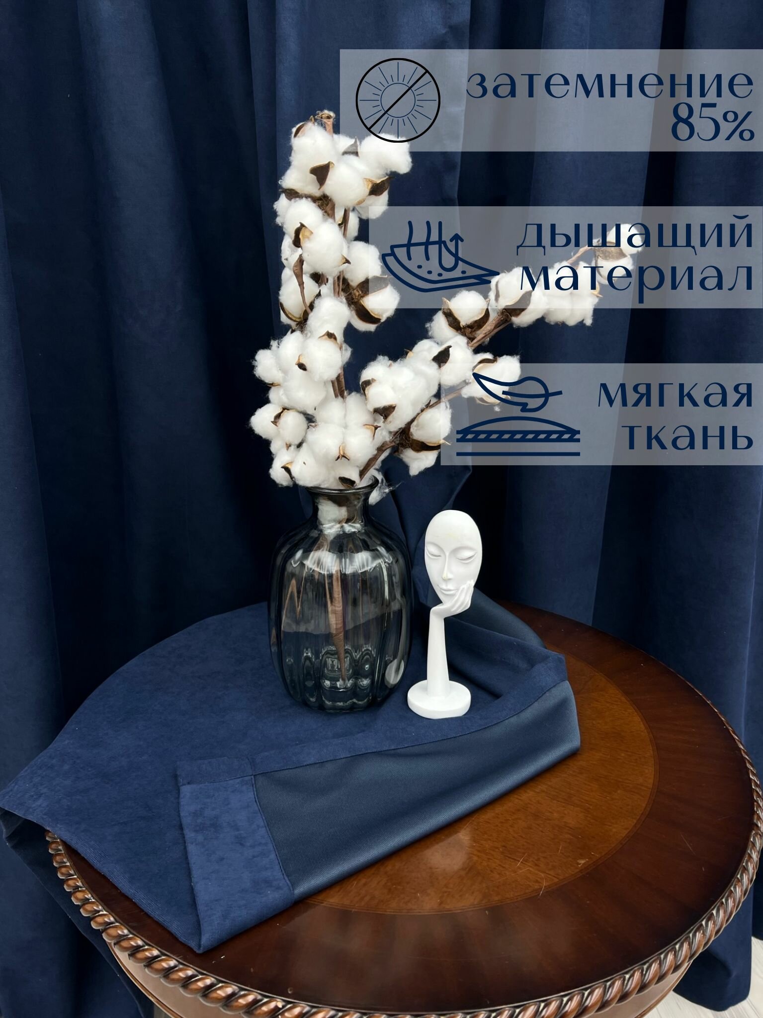 Шторы Милкитекс канвас 280х290см / комплект (140х290см - 2шт) бархатистых портьер для кухни, зала, спальни, синие — фото 1