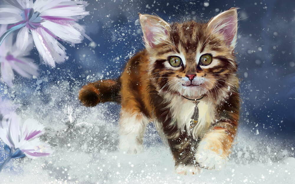 Алмазная картина 40х50 "Котенок в снегу" с подрамником полная выкладка в коробке