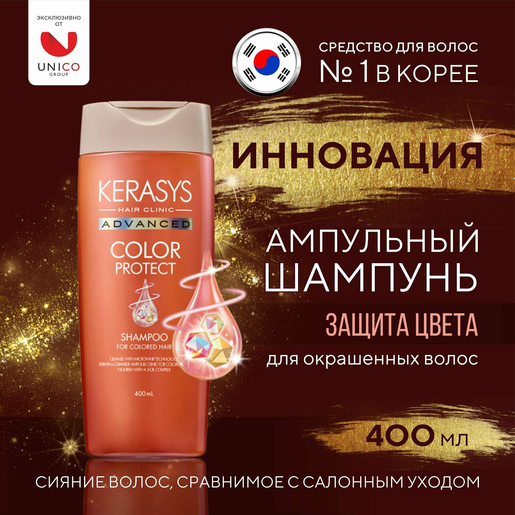 KeraSys Advanced Ампульный Шампунь для окрашенных волос Защита цвета, с церамидами и кератином, корейский женский шампунь