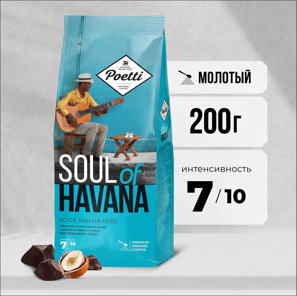 Кофе молотый Poetti Soul of Havana, 200 г, металлизированный пакет