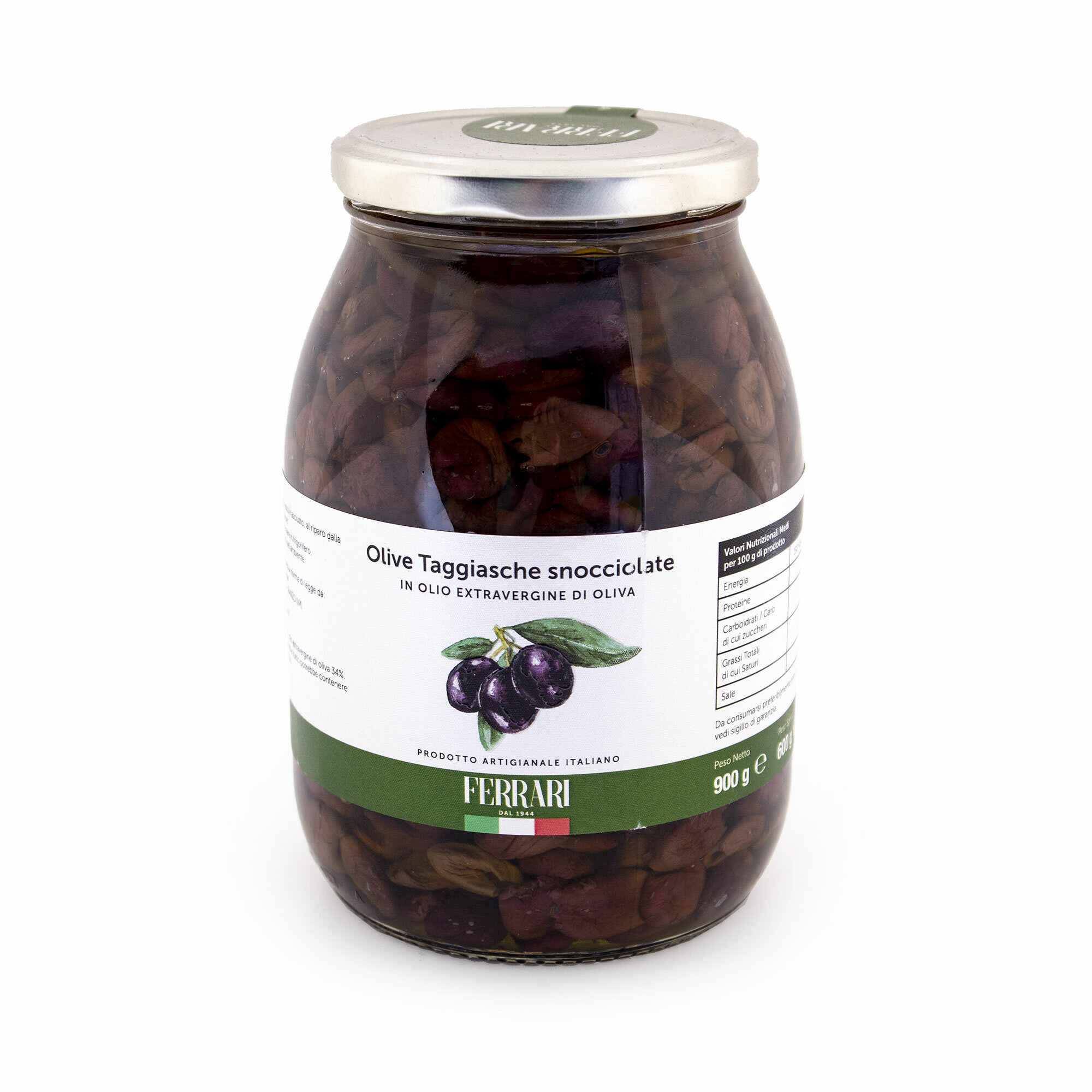 Оливки Таджаски без косточек в оливковом масле первого холодного отжима, FERRARI, 0,9 кг/0,6 кг (ст/б)