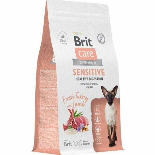 Brit Сухой корм Care Cat Sensitive Healthy Digestion с индейкой и ягненком для взрослых кошек Чувствительное пищеварение, 7кг
