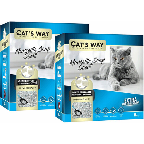 CAT'S WAY MARSEILLE SOAP наполнитель комкующийся для туалета кошек с бирюзовыми гранулами и ароматом марсельского мыла (6 + 6 л)