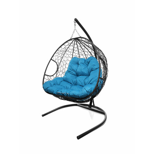 Подвесное кресло из ротанга "Для двоих" черное с голубой подушкой M-GROUP