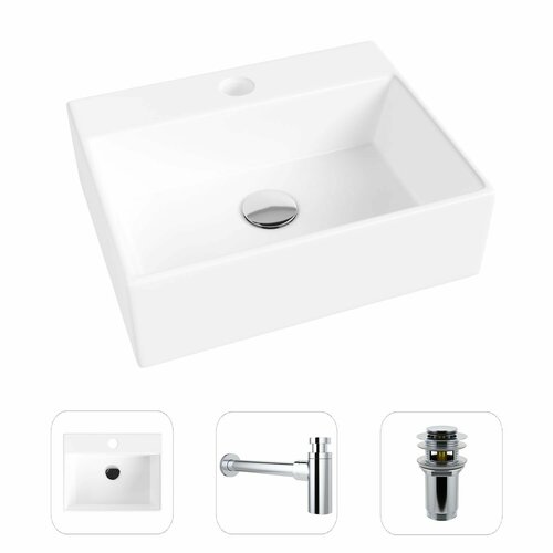 Накладная раковина в ванную Helmken 34439000 комплект 3 в 1: умывальник прямоугольный 39 см, сифон и донный клапан click-clack в цвете хром