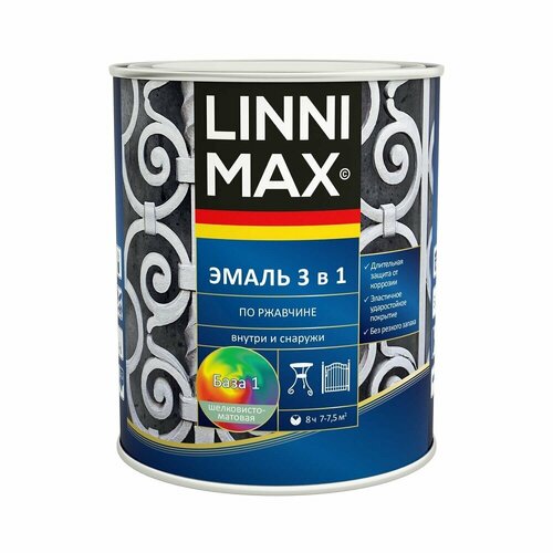 Эмаль по ржавчине 3 в 1 Linnimax шелковисто-матовая (0,75л) белый RAL 9003