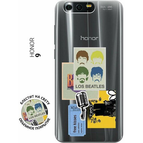 Силиконовый чехол на Honor 9, Хонор 9 с 3D принтом Beatles Stickers прозрачный матовый soft touch силиконовый чехол на honor 9 хонор 9 с 3d принтом beatles stickers черный