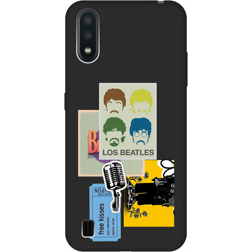 Матовый Soft Touch силиконовый чехол на Samsung Galaxy A01, Самсунг А01 с 3D принтом Beatles Stickers черный матовый soft touch силиконовый чехол на samsung galaxy a01 самсунг а01 с 3d принтом beatles stickers черный