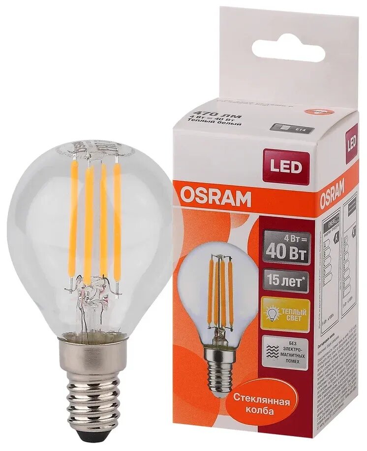 Лампочка светодиодная OSRAM Шар P E14 4Вт 220В 470Лм 2700К Теплый белый Филаментная уп. 1шт