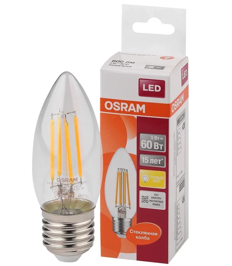 Лампочка светодиодная OSRAM Свеча B E27 5Вт 220В 470Лм 3000К Теплый белый Филаментная уп. 1шт