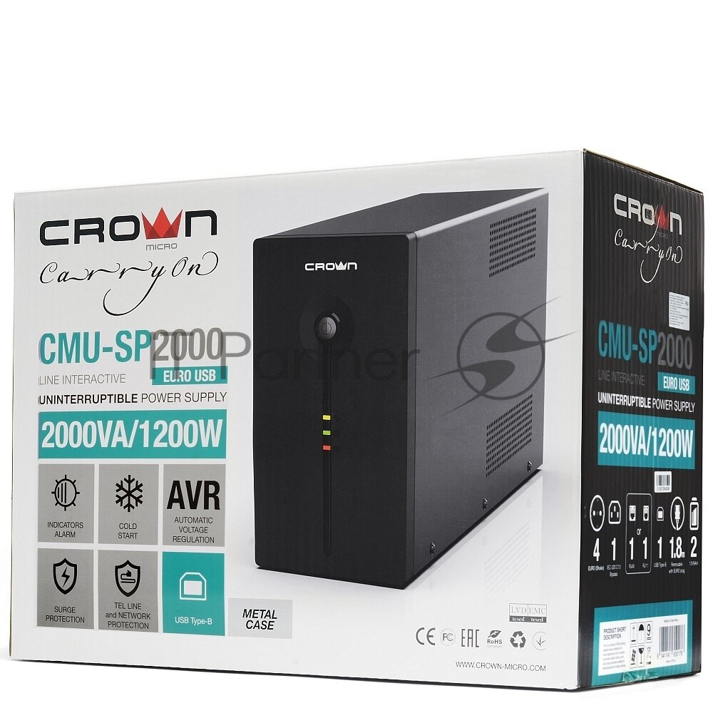 Источник бесперебойного питания Crown Line Interactive 2000VA/1200W, 2x12V/9AH, розетки 4*EURO+1*IEC С13 bypass, трансформатор AVR - фото №5