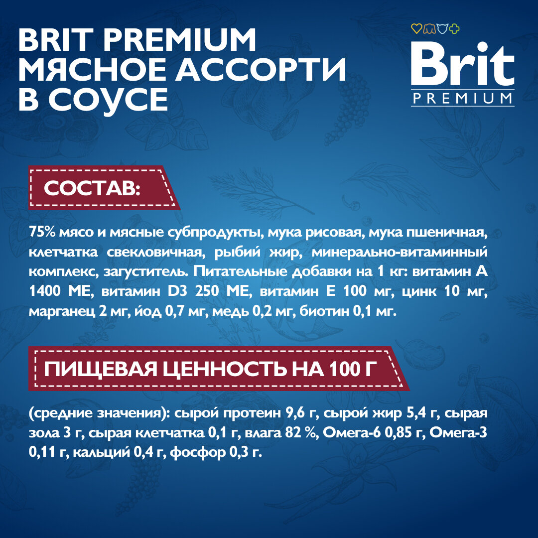 Влажный корм для собак. Пауч для взрослых собак всех пород, Мясное ассорти в соусе, 85г, 14 шт BRIT PREMIUM — фото 1