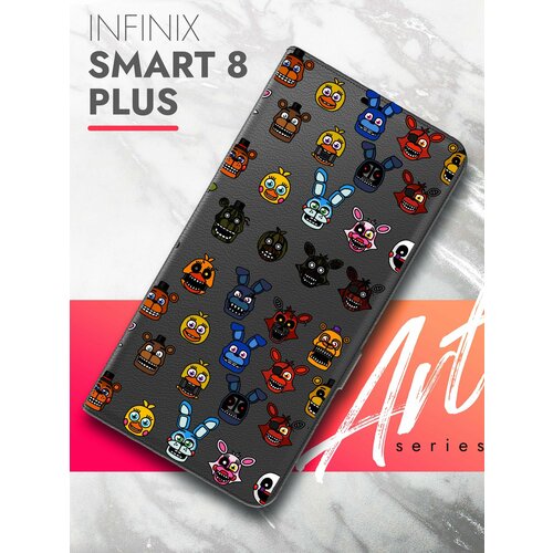 Чехол на Infinix Smart 8 Plus (Инфиникс Смарт 8+) черный книжка эко-кожа с функцией подставки и магнитами Book case, Brozo (принт) Аниматроник Паттерн чехол на infinix smart 8 plus инфиникс смарт 8 плюс зеленый опал книжка эко кожа с функцией подставки book case brozo принт аниматроник паттерн