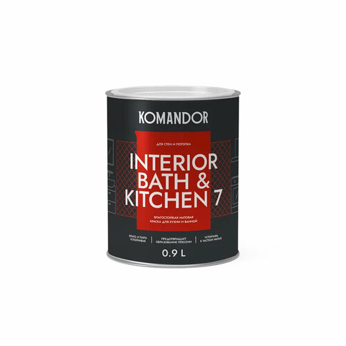 Краска интерьерная влагостойкая Komandor Interior Bath&Kitchen 7, матовая, база А, белая, 0,9 л краска интерьерная aura interior nord база а белая 2 7 л