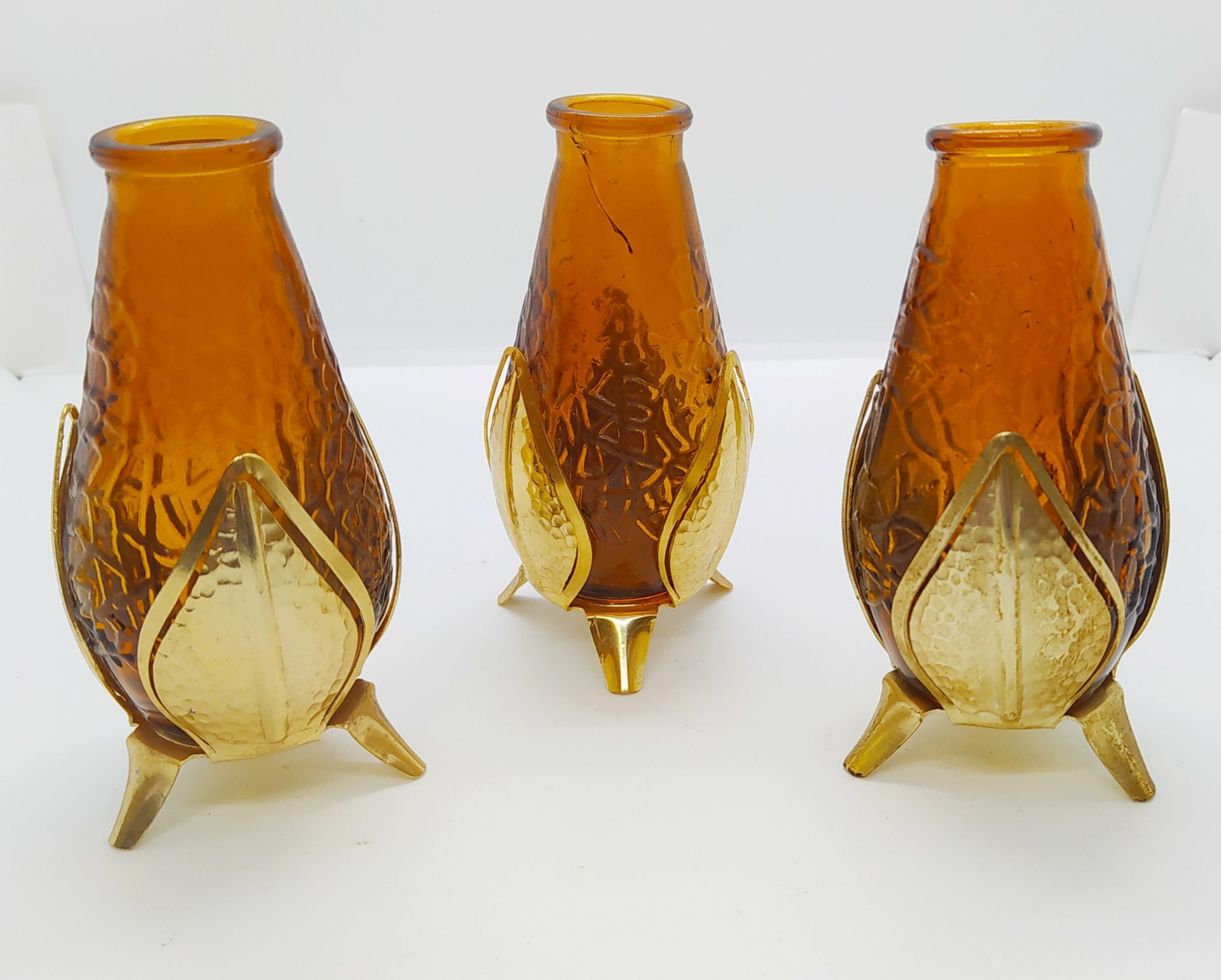 Набор из трёх вазочек янтарного цвета в металлической оплётке, стекло, металл