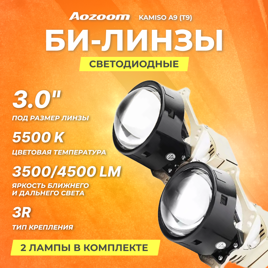 Модули светодиодные, Aozoom светодиодные би-линзы KAMISO A9 (T9 ) LED 3" со встроенным драйвером, 5500К