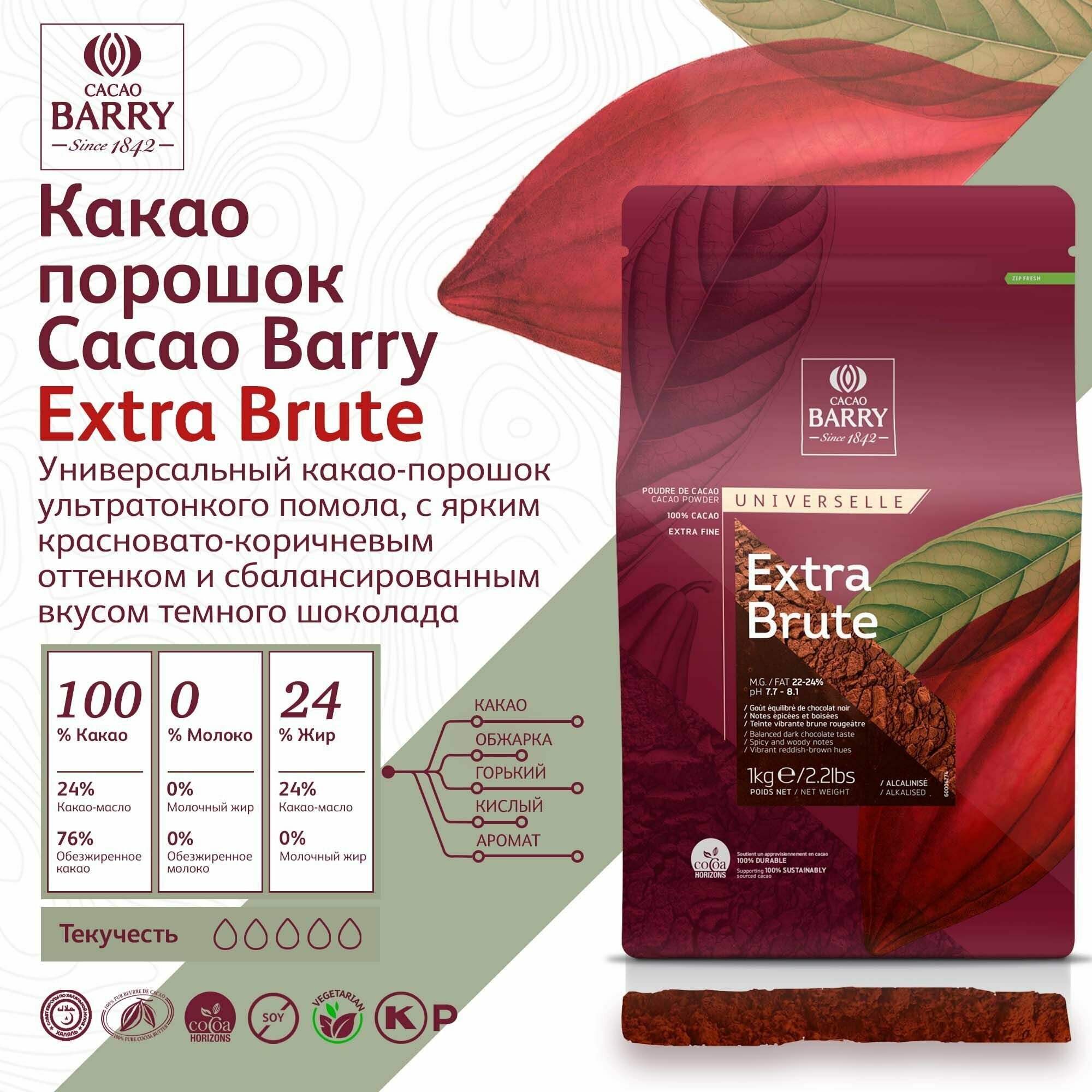 Алкализованный какао порошок 22-24% EXTRA BRUTE Cacao Barry без сахара (1 кг)