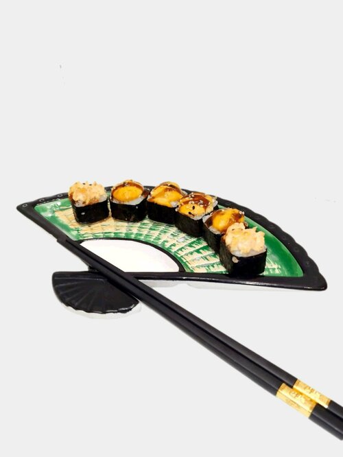 Тарелка веер плоская азиатский стиль для суши и пельменей с соусницей, фарфор синий
