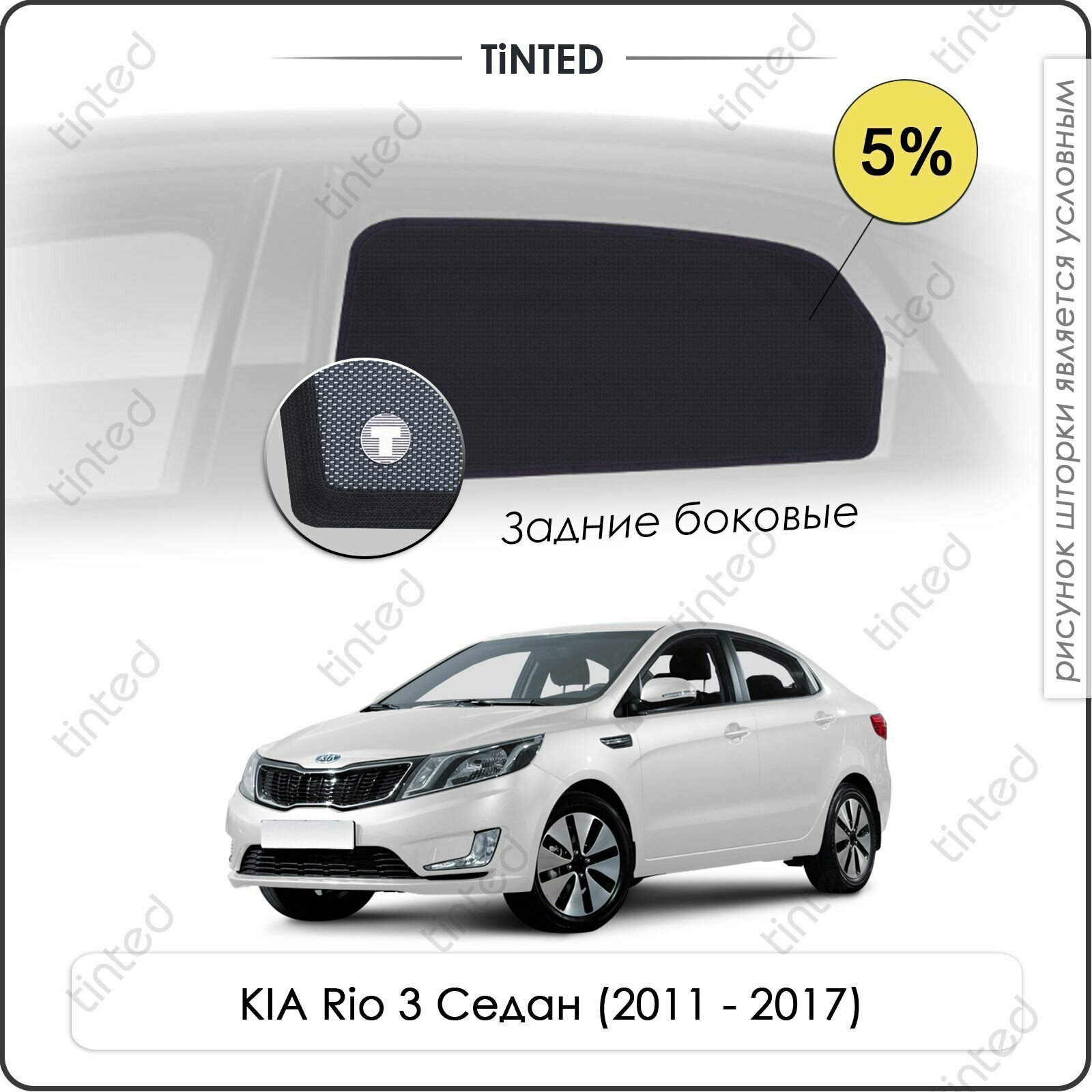 Шторки на автомобиль солнцезащитные KIA Rio 3 Седан 4дв. (2011 - 2017) на задние двери 5%, сетки от солнца в машину КИА РИО, Каркасные автошторки Premium