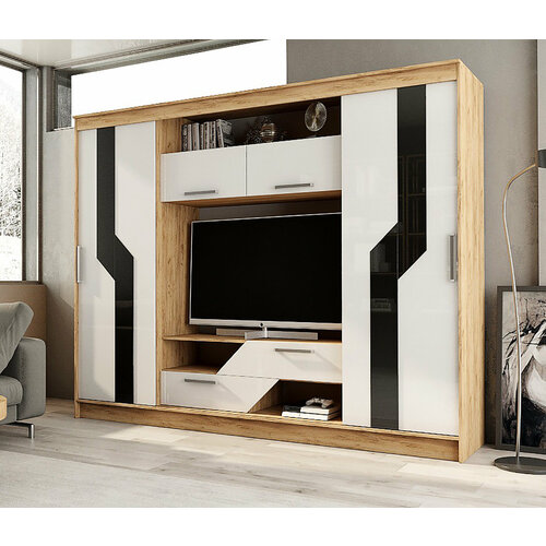 Стенка для гостиной столплит кармен ЛДСП Дуб вотан-Белый глянец 246х200х52 см 31150₽