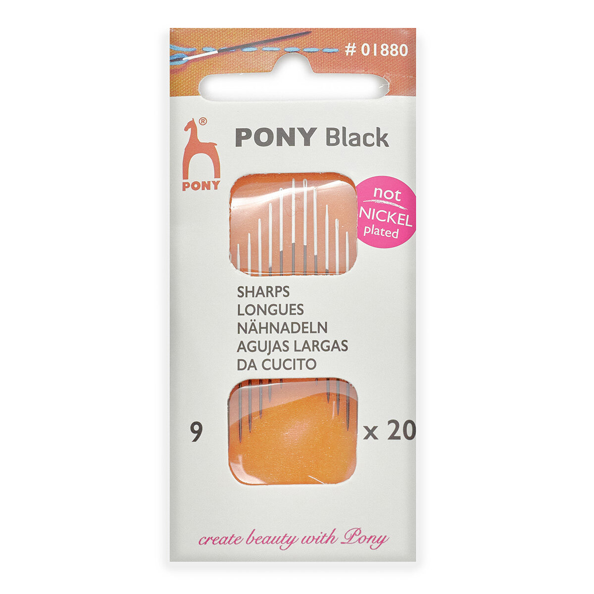 Иголки для шитья № 9, c белым ушком, PONY Sharps BLACK, 01880, 20 шт