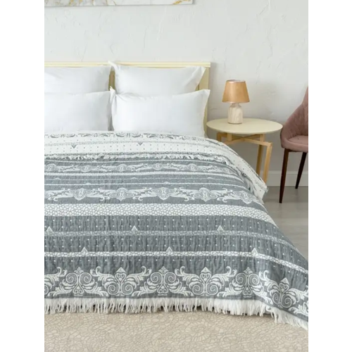 Покрывало 7Я 240х200, двухстороннее, хлопок 100%, темно-серое, абстрактный узор и орнамент