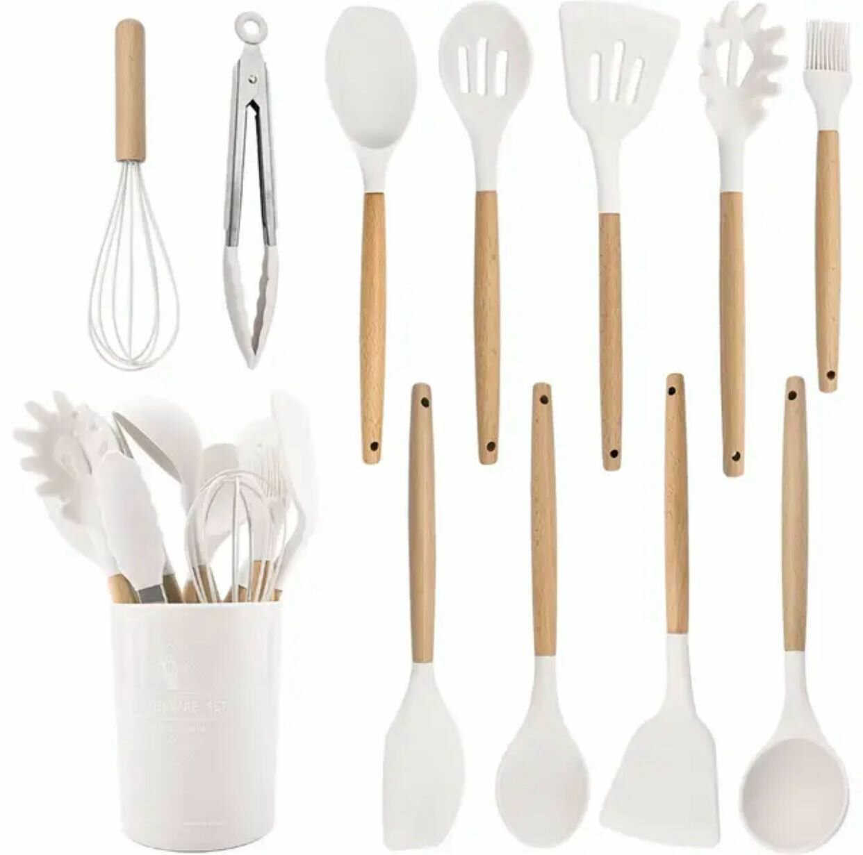 Набор кухонных принадлежностей из силикона и бамбука, 11 предметов "Kitchen set", Белый