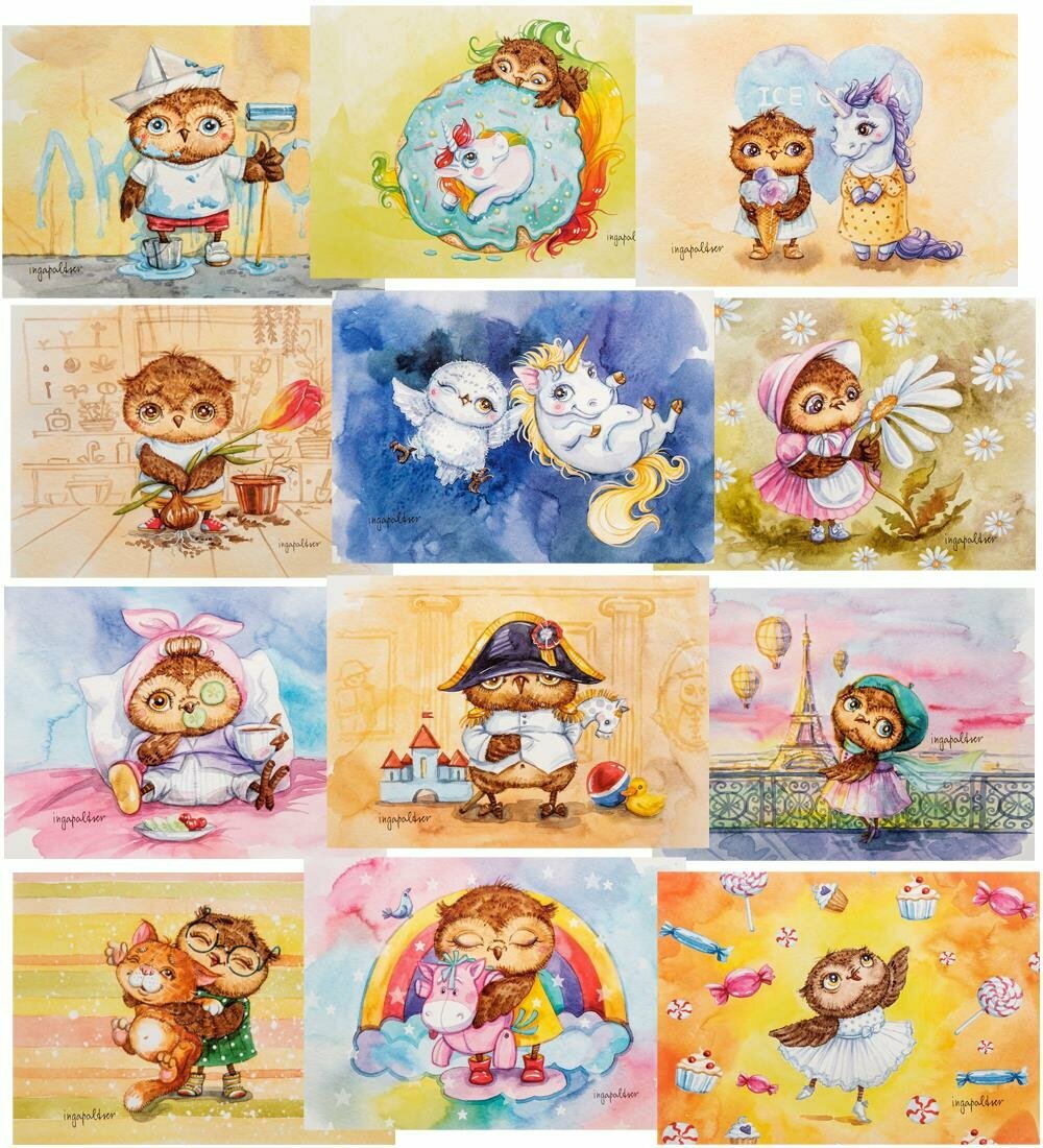 Набор из 12 почтовых открыток Совы  4 И  Пальцер A2174261 Sunpreeze  Бумага