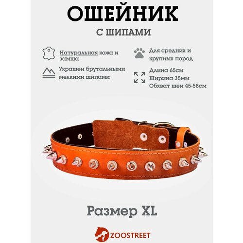 Ошейник для собак средних и крупных пород кожаный с шипами, натуральная кожа, подклад из замши 35мм, 65см, с подпряжником XL