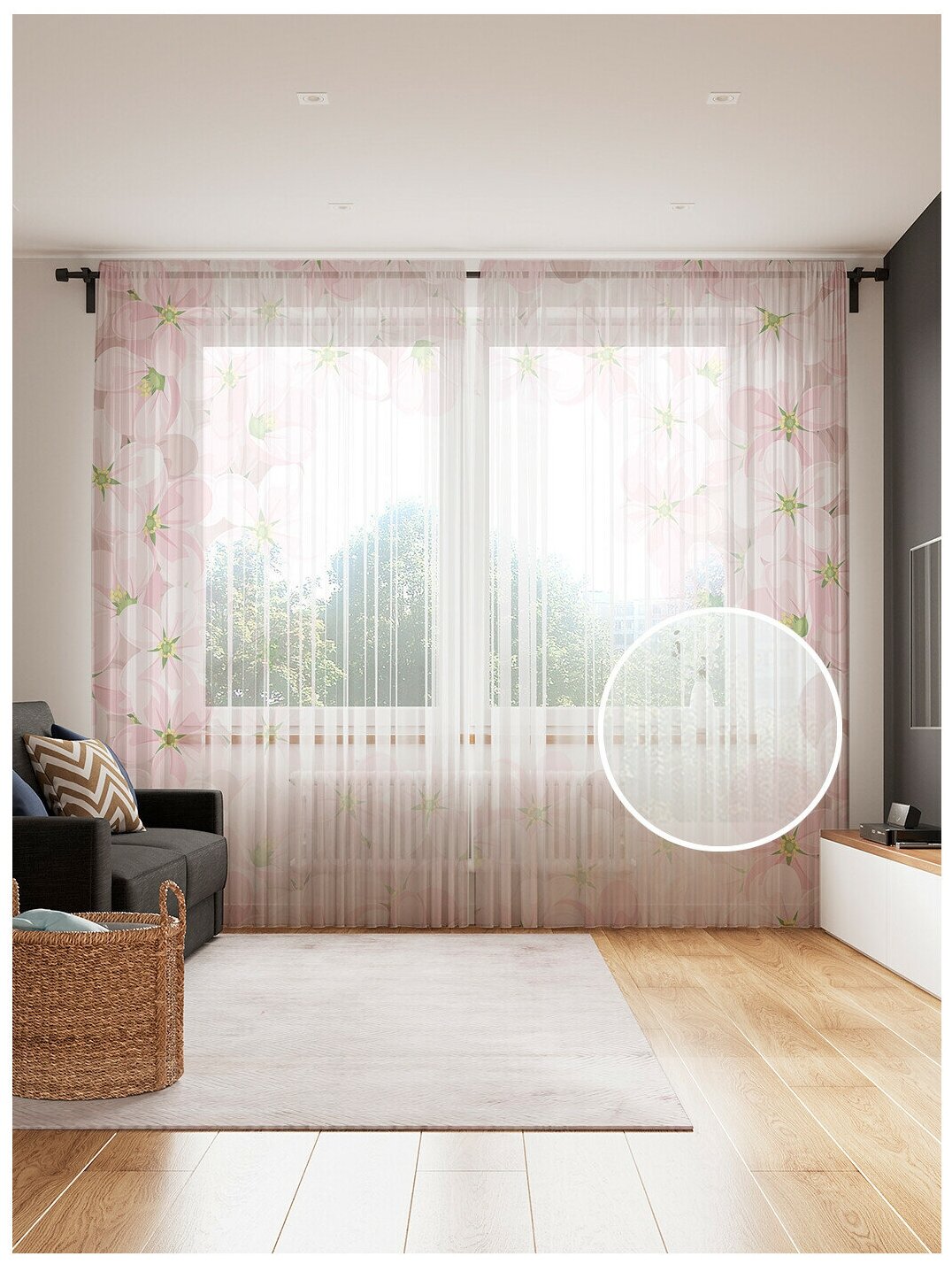 Тюль для кухни и спальни JoyArty "Розовые цветы", 2 полотна со шторной лентой шириной по 145 см, высота 265 см. - фотография № 1