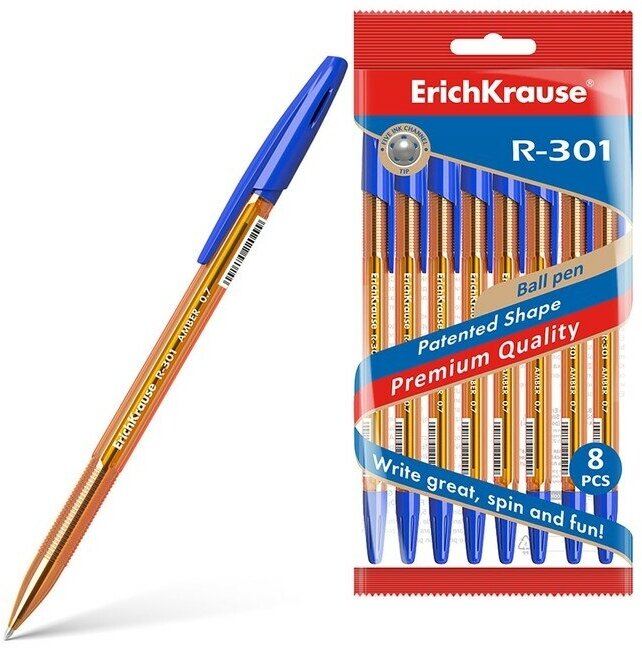 ErichKrause Набор ручек шариковых ErichKrause R-301 Amber Stick, 8 штук, узел 0.7 мм, цвет чернил синий
