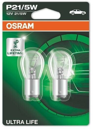 Лампа автомобильная вспомогательная Osram ULTRA LIFE, P21/5W, 12V, цоколь BAY15d, 2 шт