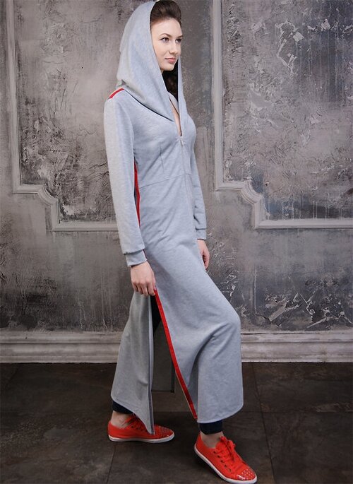 Платье ЭнигмаСтиль, хлопок, в спортивном стиле, полуприлегающее, макси, капюшон, размер 46, серый