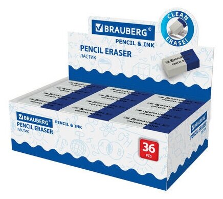 Ластик BRAUBERG "PENCIL & INK", 39х18х12 мм, для ручки и карандаша, бело-синий, 229578 - 6 шт.