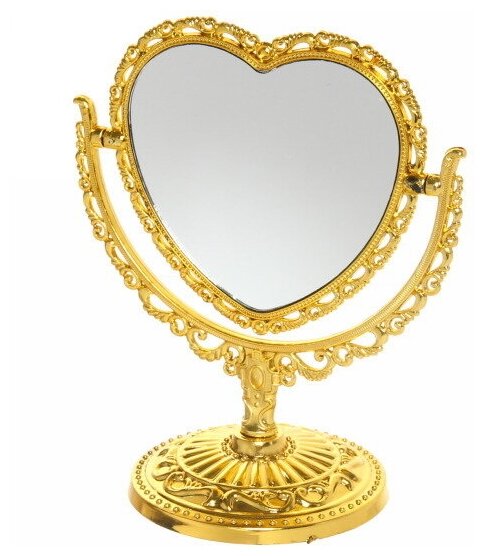 Зеркало настольное в пластиковой оправе "Версаль - Сердце", цвет золото, двухстор, d подставки 10*10 см, выс 19см, зеркало 11,5*13,5, вторая стор-увел