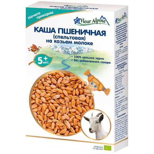 Каша Fleur Alpine молочная пшеничная (спельтовая) на козьем молоке, с 5 месяцев каша на козьем молоке детская fleur alpine кукурузная с пребиотиками с 5 месяцев 200 г