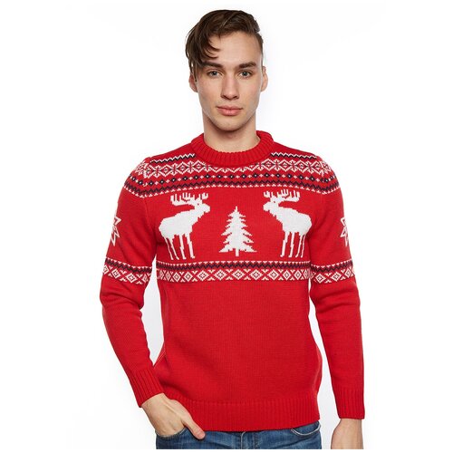 фото Шерстяной свитер, классический скандинавский орнамент с лосями и елками, натуральная шерсть, красный, синий, белый цвет, размер m anymalls