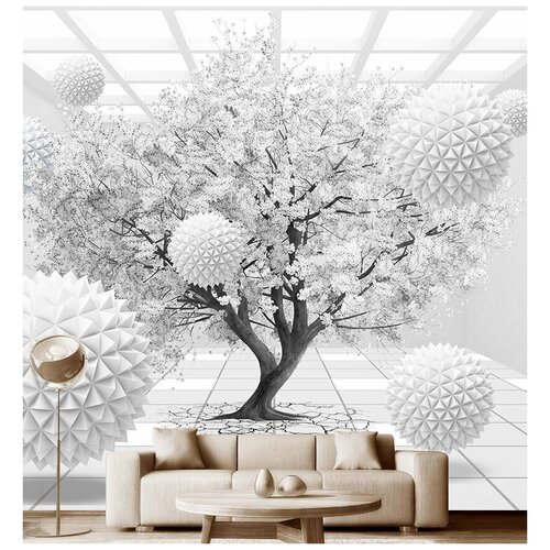 Фотообои на стену флизелиновые 3D Модный Дом Белое дерево и летающие шары 300x300 см (ШxВ)