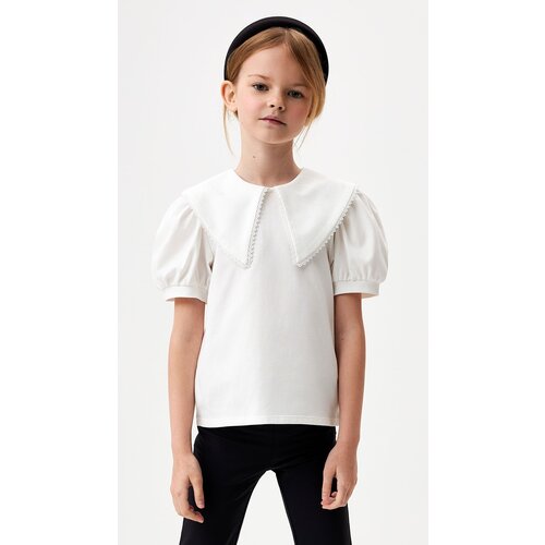Школьная блуза Sela, прямой силуэт, на пуговицах, короткий рукав, однотонная, размер 140, белый