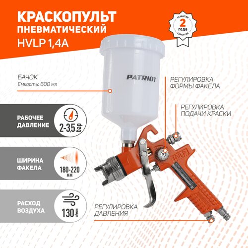 Краскопульт пневматический PATRIOT HVLP 1,4A краскопульт patriot hvlp 830901018