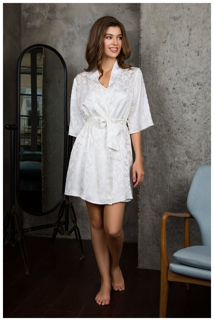 Mia Mia Короткий шелковый халат "eva" (100% натуральный шелк) бе (XL(50) / белый) - фотография № 4