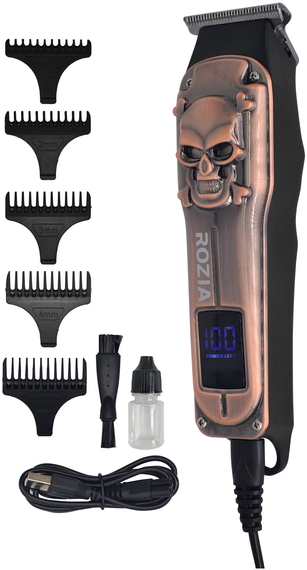 Профессиональная машинка для стрижки волос Rozia Pro , Триммер для стрижки RoziaPro , для мужчин, уход, c черепом, с LED дисплеем, бронза, UP+