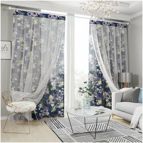 фото Комплект штор с тюлем на шторной ленте 17475, 145*260 см, 2 шт, подхват 2 шт. сирень