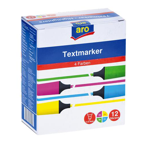 ARO Набор маркеров-текстовыделителей 12 шт (291211), розовый/желтый/глубой/зеленый