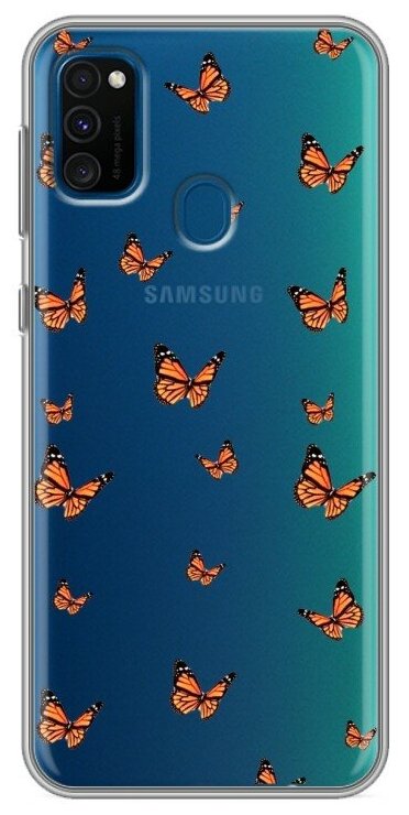 Полупрозрачный дизайнерский силиконовый чехол для Самсунг Гэлакси М21 / Samsung Galaxy M21 Оранжевые бабочки
