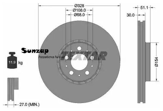 TEXTAR 92284105 92284105_диск тормозной передний!\ Volvo XC 90 2.4/2.5T/D5/3.0 02>